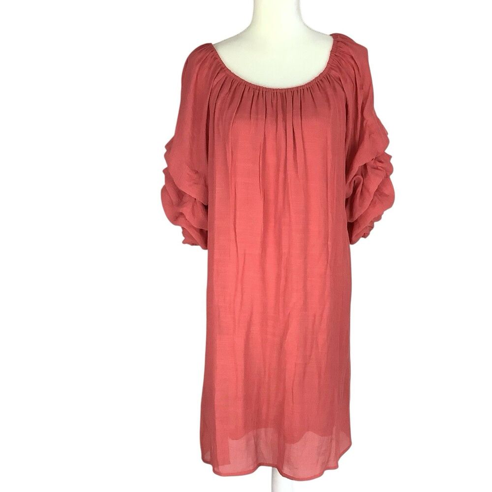 Plisse Shift Dress Gathered Ruffle Puff Sleeve Orange Boho Peasant Women Sz PXL
